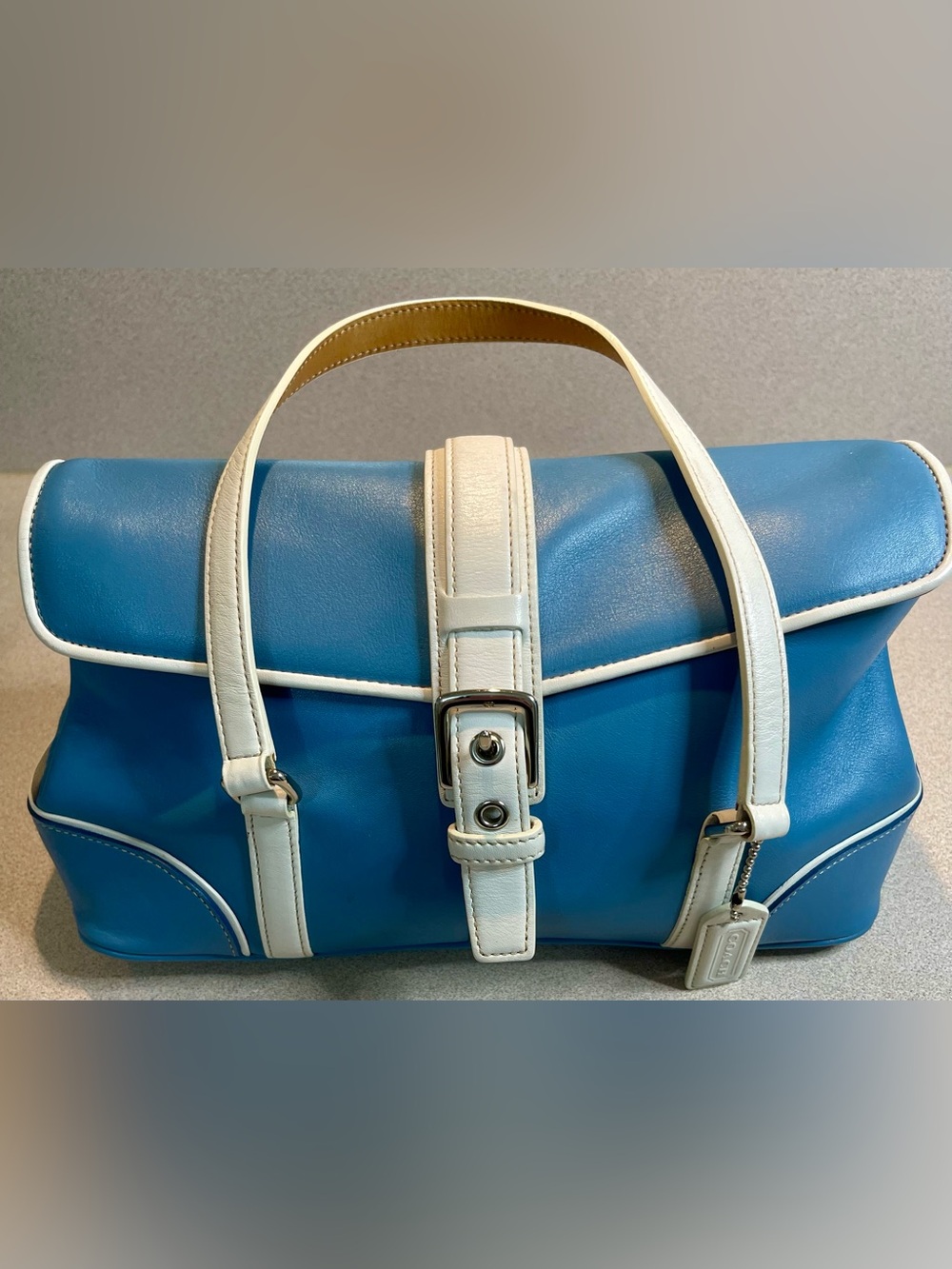 Vintage Coach Hampton Satchel 9267 Glacier Blue Leather Shoulder Bag White Trim